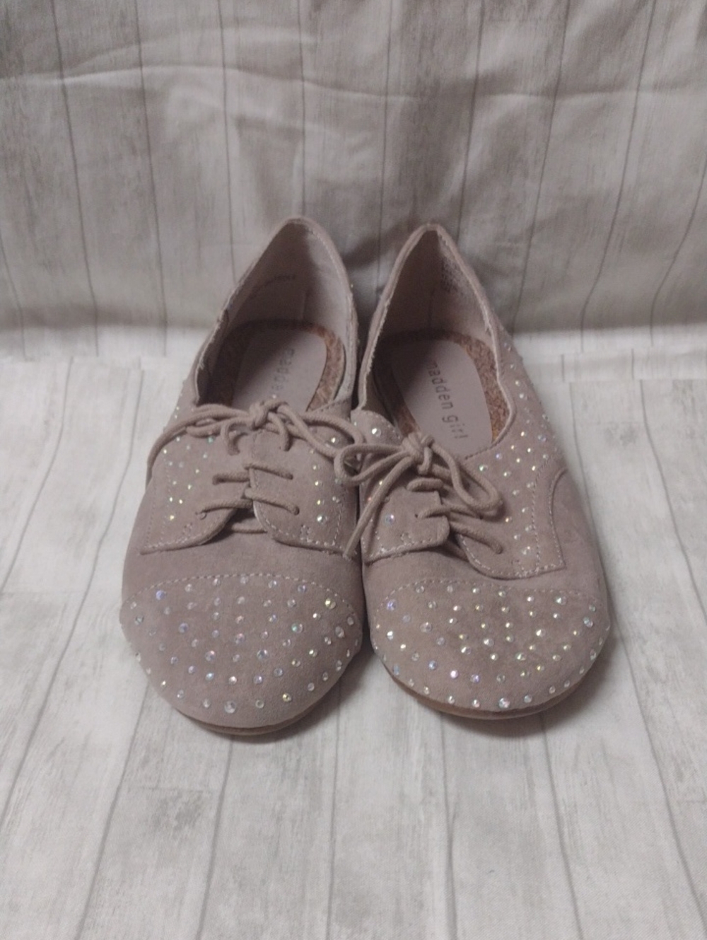 Madden Girl Taupe Suede Rhinestone Lace-Up Flats (J1078)